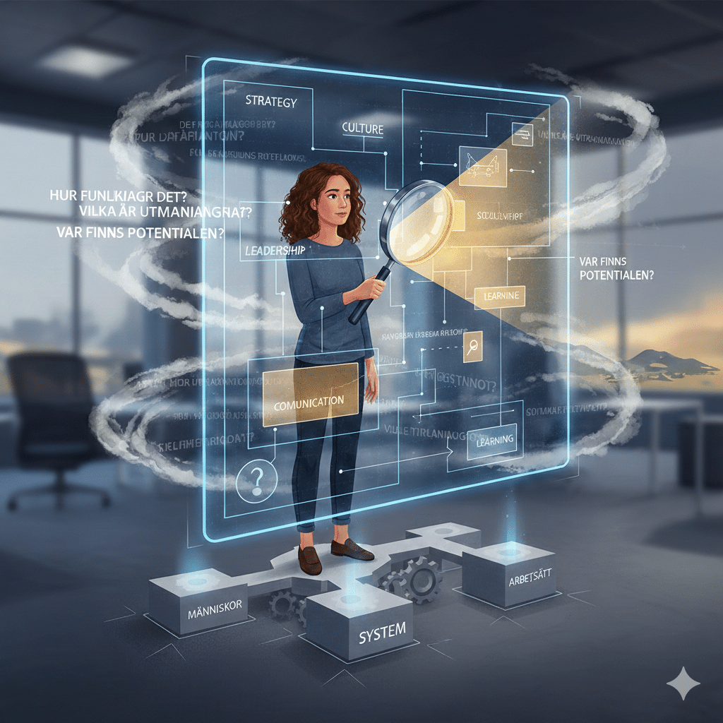 AI-kompetensbrist i Sverige handlar inte bara om teknik. Artikeln visar varför ledarskap, organisation och strategi avgör hur AI används. Ai genererad bild av person som navigerar ai i luften runt sig.