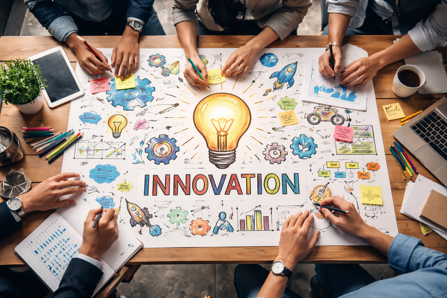 Illustration av innovation i organisationer: flera personer samarbetar runt ett bord med skisser, diagram och post-it-lappar kring en stor lysande glödlampa som symboliserar idéutveckling, samarbete och nya lösningar.