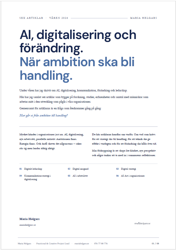 Omslag till PDF-samlingen AI, digitalisering och förändring – sex artiklar om digitalt ledarskap och AI i organisationer av Maria Helgars