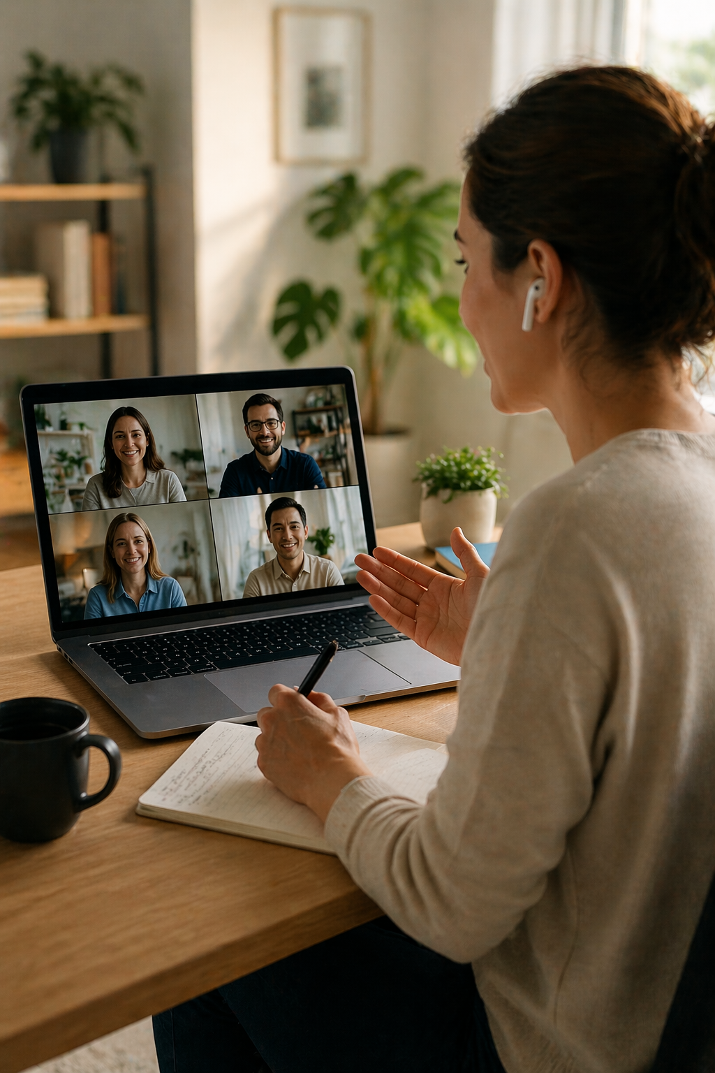 Ledarskap på distans – ledare i digitalt möte med distribuerat team. AI-bild genererad av Maria Helgars.